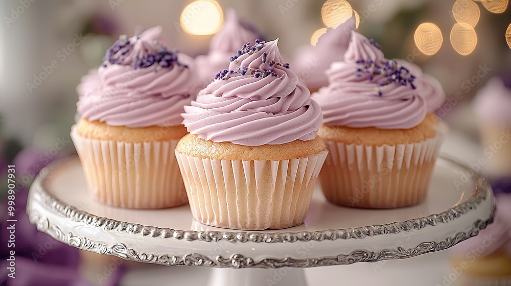  Three cupcakes with pink frosting and purple sprinkles on a cake platter under lights