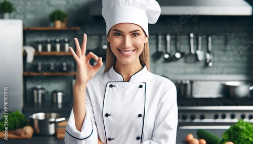 Female chef in uniform giving okay sign in professional kitchen