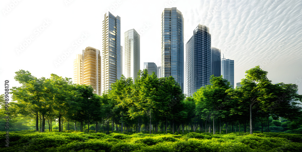 Obraz premium Modern urban skyline with greenery