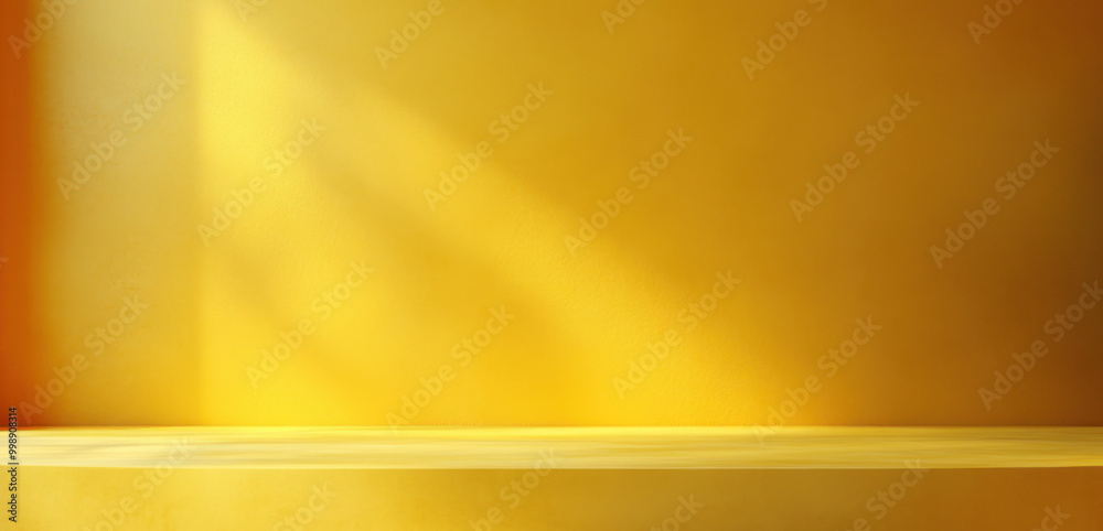 3D background studio room for product presentation. Yellow wall and floor with a podium. Tabletop with sunlight from the window. Illustration template with countertop in the kitchen 3D background studio room for product presentation. Yellow wall and floor with a podium. Tabletop with sunlight from the window. Illustration template with countertop in the kitchen