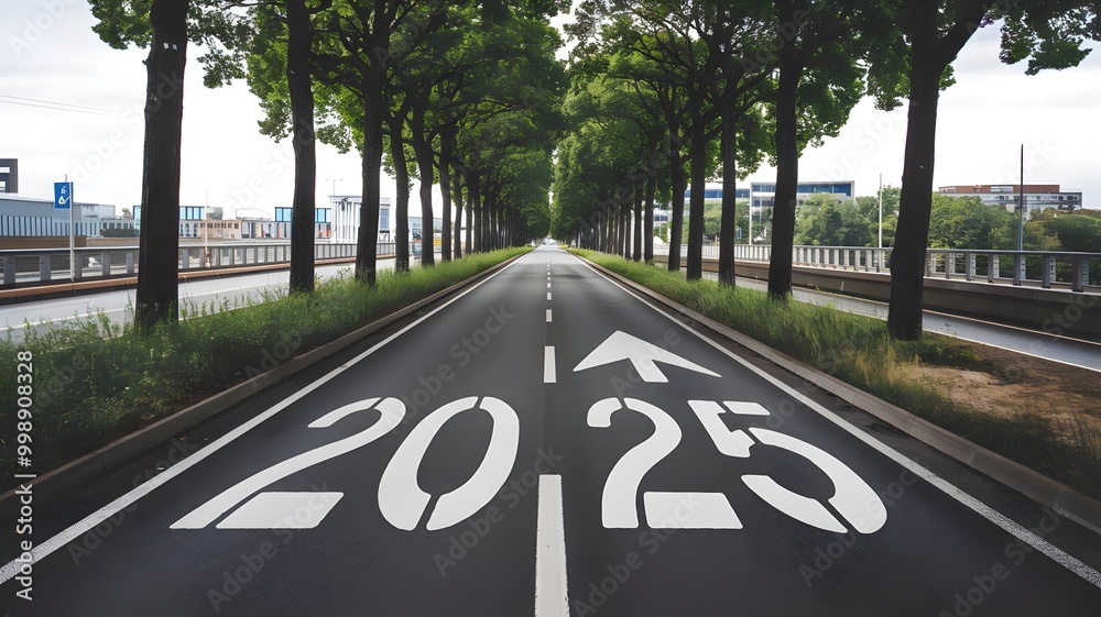 Obraz premium A long road with a 2025 sign indicating the distance to the year 2025. 2025 New year.