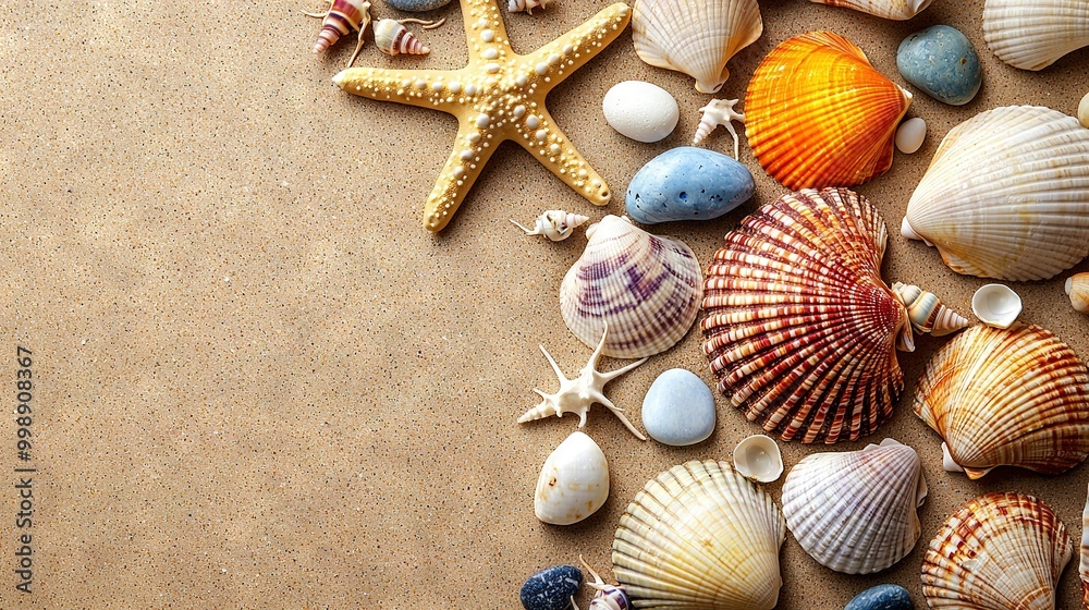 Seashells and starfish on a sandy beach with space for text or image Seashells and starfish on a sandy beach with space for text or image