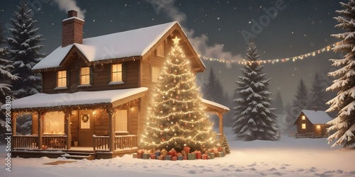 A winter landscape with a cozy wooden house and decorated Christmas tree. AI generated