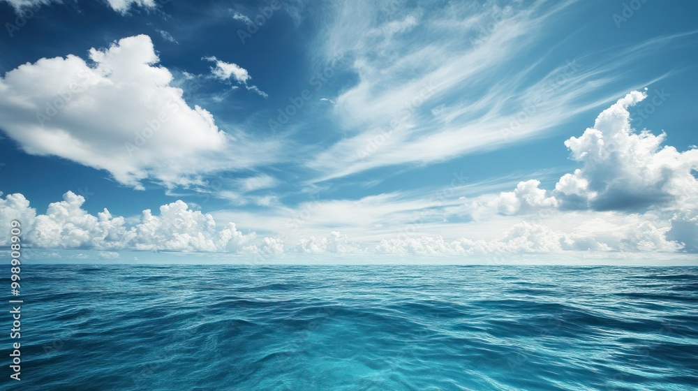 Fototapeta premium Serene Ocean Under a Sky Adorned with Puffy Clouds