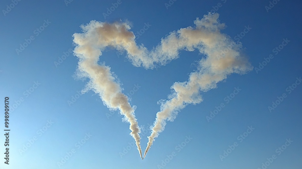 Naklejka premium A heart-shaped smokestack ascends into a clear blue sky, framed by a distant plane in the background