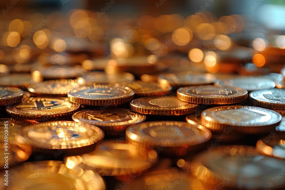 A close-up photograph showcasing a multitude of gold coins beautifully lit with a warm glow, emphasizing their intricate details and reflective surfaces A close-up photograph showcasing a multitude of gold coins beautifully lit with a warm glow, emphasizing their intricate details and reflective surfaces