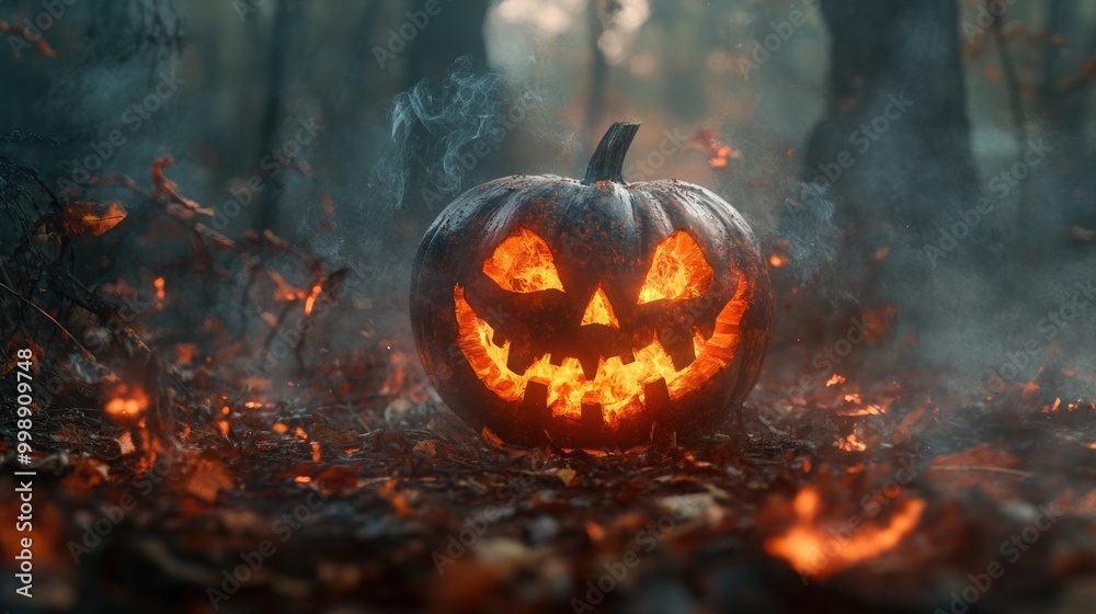 Halloween pumpkin decoration in smoky forest setting Halloween pumpkin decoration in smoky forest setting
