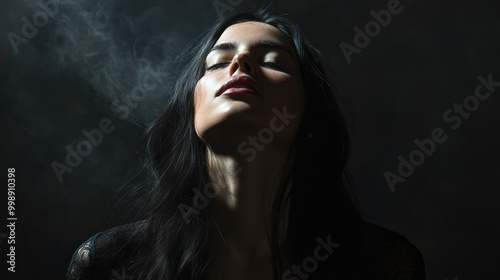 Woman with Long Black Hair and Closed Eyes in a Dark, Smoky Atmosphere