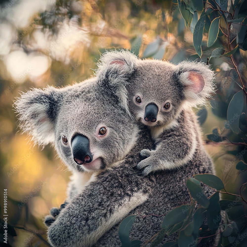 Naklejka premium A pair of koalas perched high in a verdant forest, surrounded by emerald foliage on swaying branches