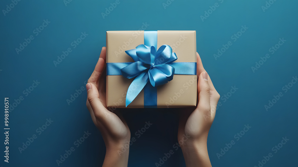 Male hands holding a gift box with a blue ribbon over a blue background. transparent background Male hands holding a gift box with a blue ribbon over a blue background. transparent background