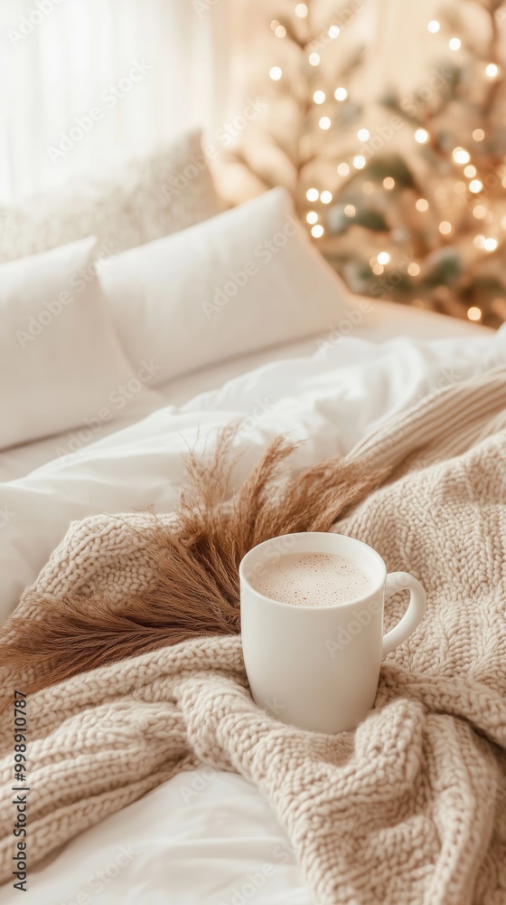 Cozy winter morning with a warm drink in a softly decorated bedroom Cozy winter morning with a warm drink in a softly decorated bedroom
