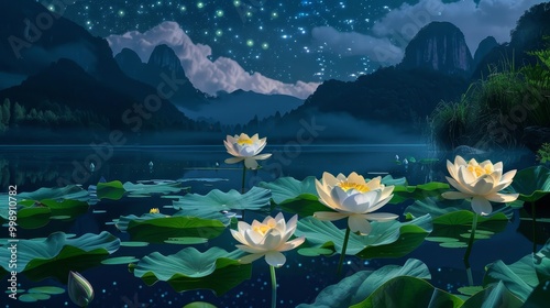 Tranquil Lotus Blooms Under...