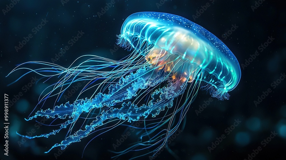 Close-up photo of a jellyfish on black background with clearer image of its head Close-up photo of a jellyfish on black background with clearer image of its head