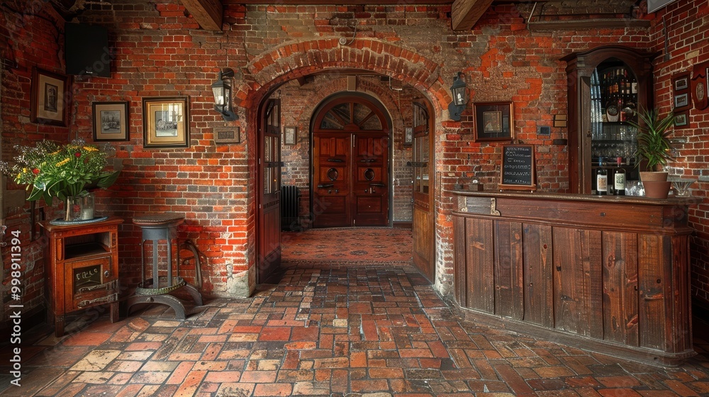 Fototapeta premium A charming interior of a rustic pub with brick walls, wooden furniture, and a welcoming atmosphere, capturing the essence of traditional English decor