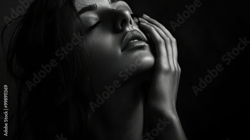 Close-up portrait of a woman with her eyes closed, hand on her face, and a dark background.
