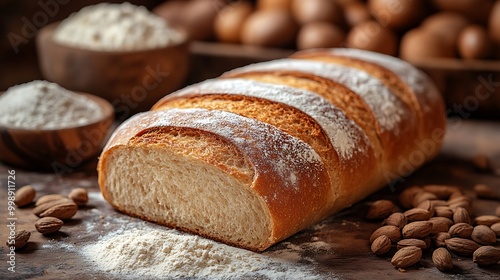 Freshly baked loaf of bread with almond flour on a wooden table.