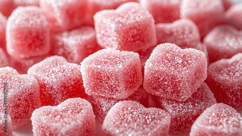   A pile of pink sugar cubes sits atop a white table, alongside a stack of red sugar cubes