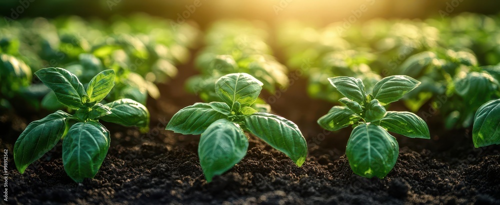 birds eye view of flourishing basil plants in neat rows on a farm showcasing the rich green foliage the sunlight casts gentle shadows enhancing the texture and vibrancy of the leaves birds eye view of flourishing basil plants in neat rows on a farm showcasing the rich green foliage the sunlight casts gentle shadows enhancing the texture and vibrancy of the leaves
