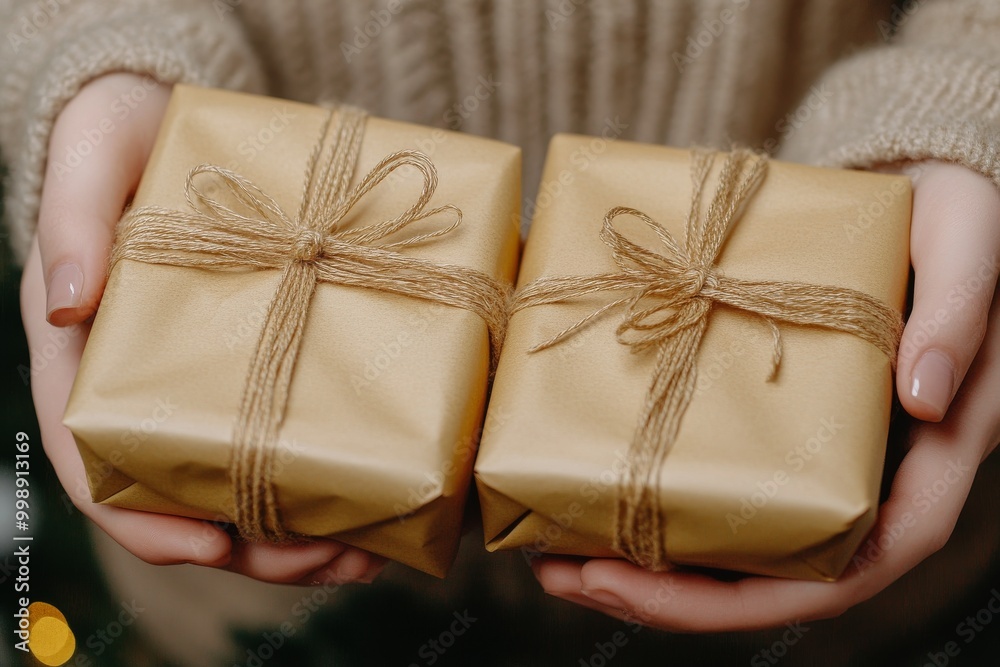 Pair of rustic brown wrapped Christmas gifts tied with twine, symbolizing simplicity, eco-friendliness, and a vintage holiday aesthetic in front of a festive fireplace Pair of rustic brown wrapped Christmas gifts tied with twine, symbolizing simplicity, eco-friendliness, and a vintage holiday aesthetic in front of a festive fireplace