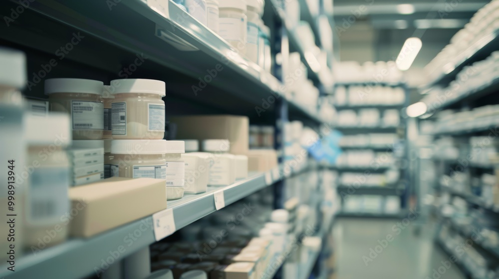 Shelves filled with various pharmaceutical bottles and containers in a well-lit, organized pharmacy or storage area. Shelves filled with various pharmaceutical bottles and containers in a well-lit, organized pharmacy or storage area.