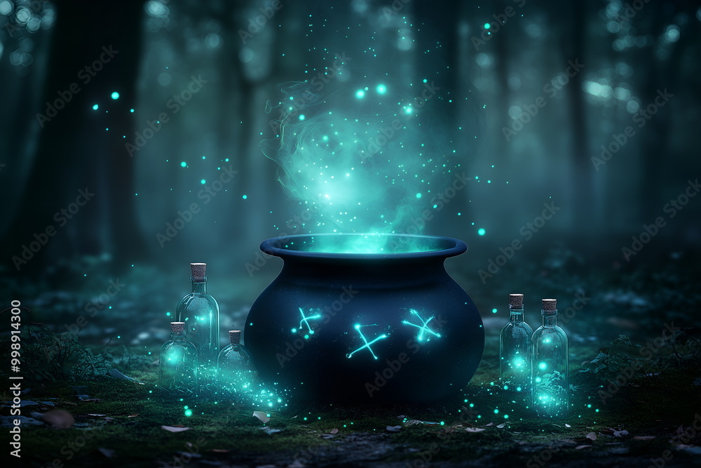 A spooky witch's cauldron bubbling over in a dark forest clearing, surrounded by magical glowing symbols and potion bottle A spooky witch's cauldron bubbling over in a dark forest clearing, surrounded by magical glowing symbols and potion bottle