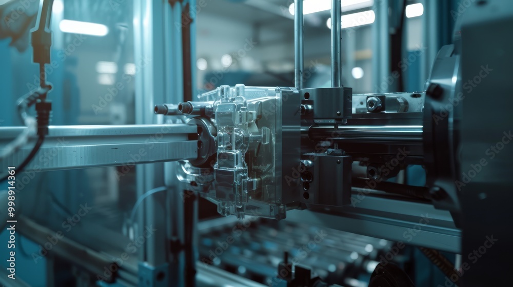 A high-tech machine in a factory setting with intricate parts and a polished metallic finish. A high-tech machine in a factory setting with intricate parts and a polished metallic finish.