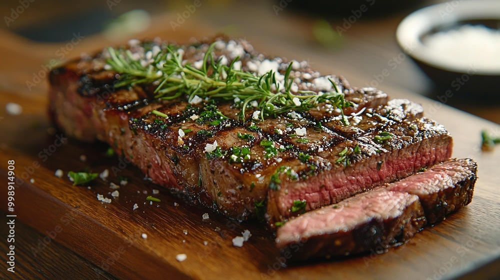 Steak on wooden board with rosemary garnish Steak on wooden board with rosemary garnish