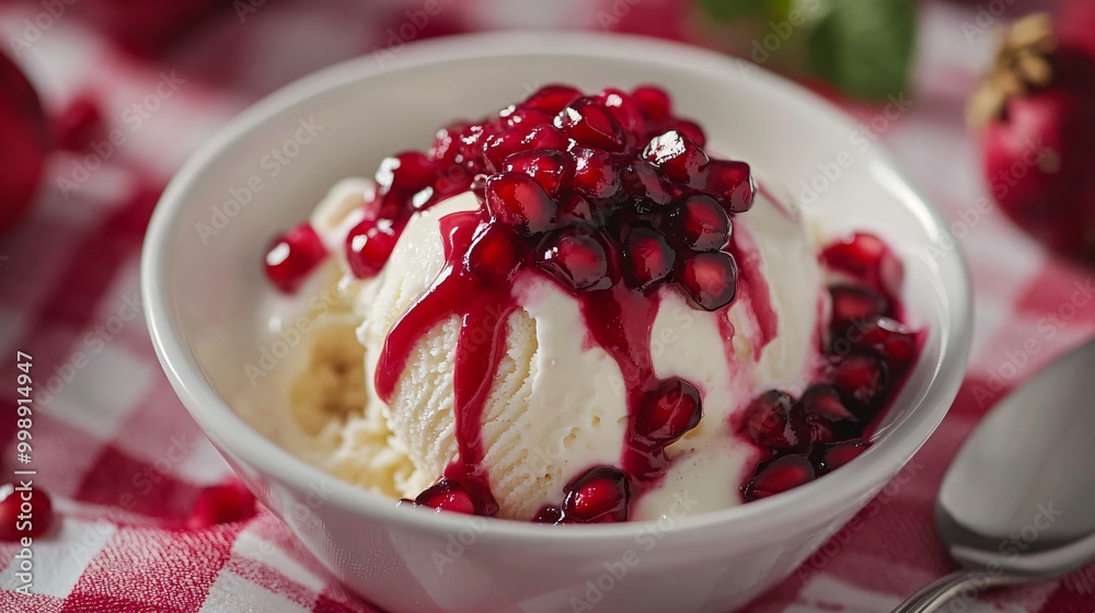 Fresh pomegranate compote drizzled over vanilla ice cream, on a bold checkered background Fresh pomegranate compote drizzled over vanilla ice cream, on a bold checkered background