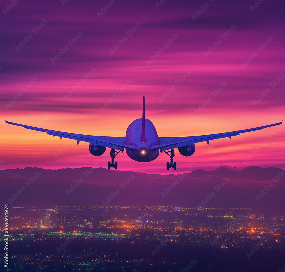 Airplane approaching city for landing at vibrant dusk Airplane approaching city for landing at vibrant dusk
