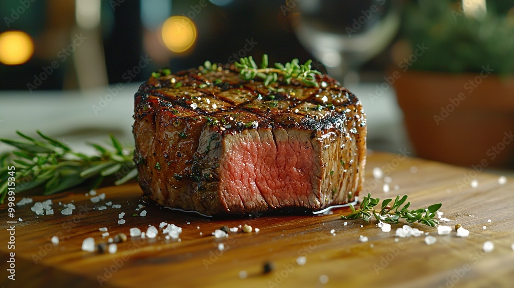   A perfectly-cooked steak resting atop a wooden cutting board, accompanied by a glass of rich, red wine and a fragrant sprig of rosemary