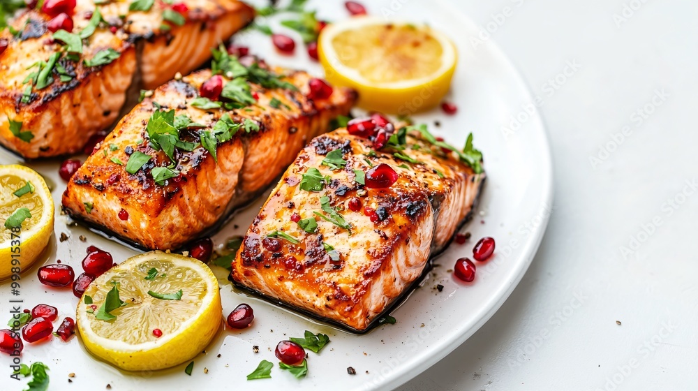 Grilled salmon with pomegranate glaze, set on a modern, sleek white background