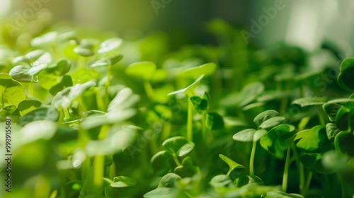 A rich meadow of green sprouts thriving under gentle sunlight, symbolizing life and growth. photo