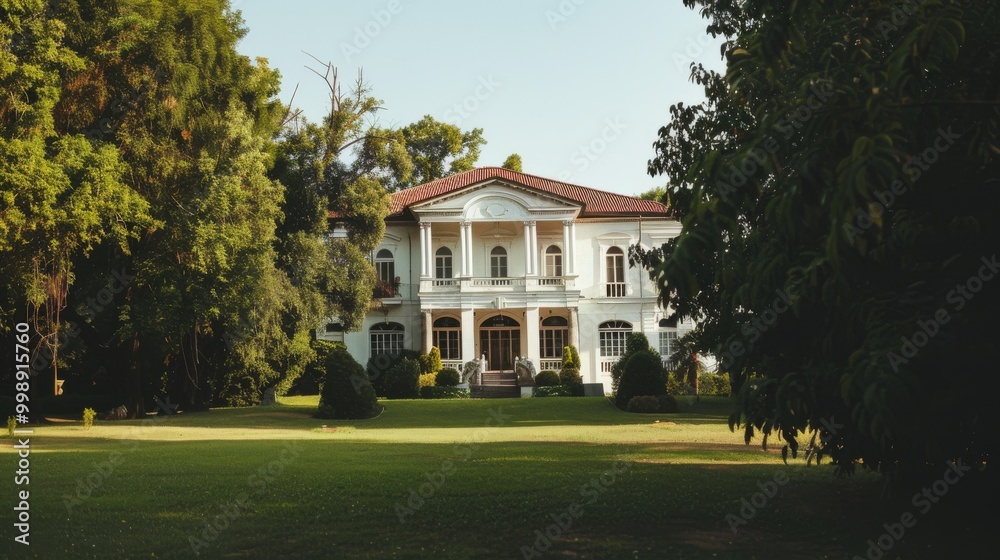 A stately white manor framed by lush, dense trees on a sprawling green lawn, basking in the warm afternoon sunlight.