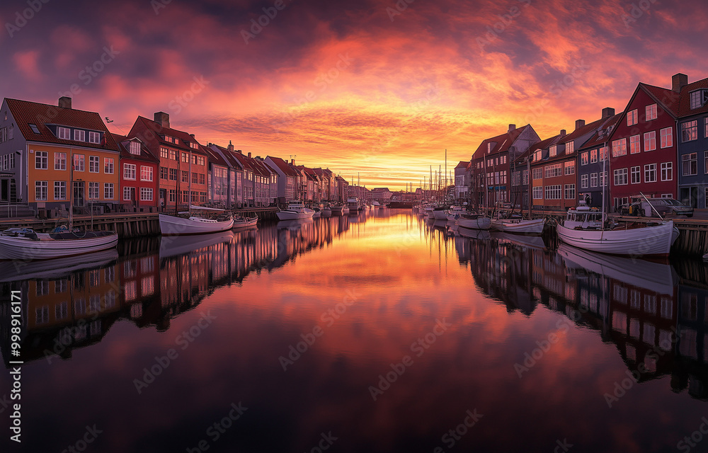Obraz premium Sunset over canal with colorful buildings and boats
