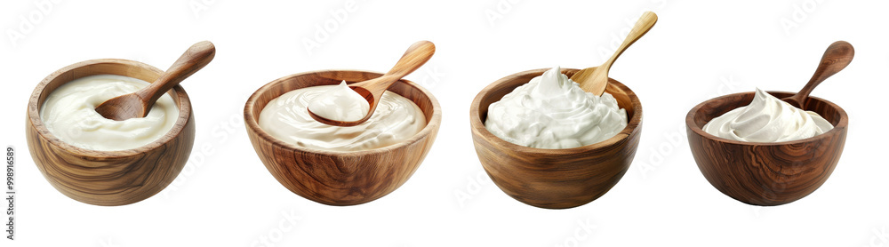 Greek yogurt in wooden bowl isolated on transparent background Greek yogurt in wooden bowl isolated on transparent background