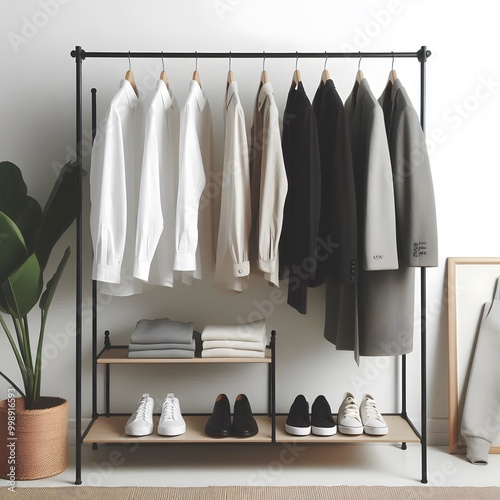 black and white wardrobe with clothes
