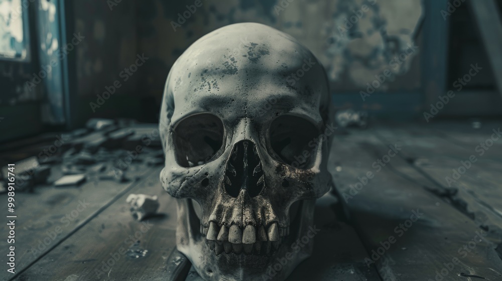 An aged, weathered skull rests on a worn wooden floor in a rundown setting, evoking a sense of history and eeriness. An aged, weathered skull rests on a worn wooden floor in a rundown setting, evoking a sense of history and eeriness.