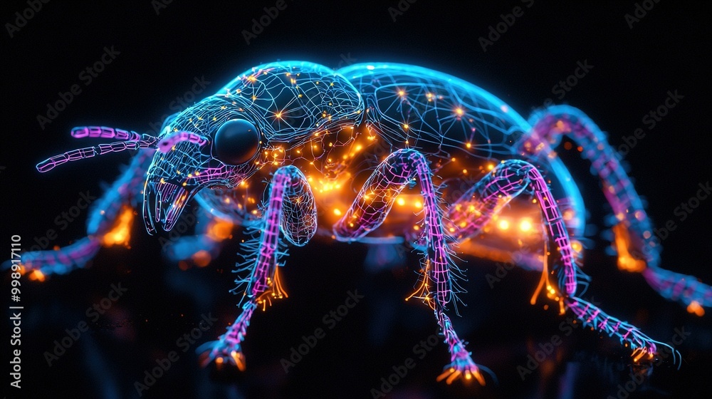 Obraz premium A close-up photo of a bug on a dark background with a blue and pink pattern on its body