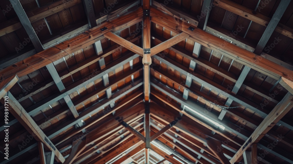 The view of a ceiling's wooden beams illustrates the raw beauty and sturdy engineering of a timber structure, with natural light streaming through to emphasize the craftsmanship. The view of a ceiling's wooden beams illustrates the raw beauty and sturdy engineering of a timber structure, with natural light streaming through to emphasize the craftsmanship.