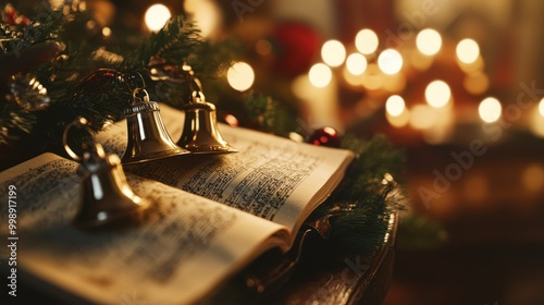 Christmas Bells and Sheet Music with Festive Lights