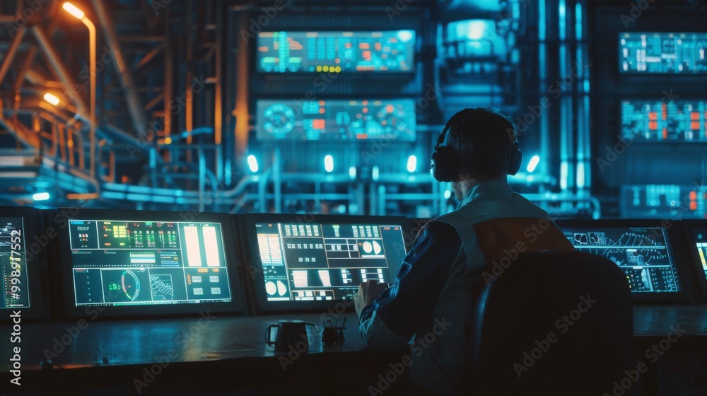A control room operator is at his station, surrounded by an array of monitors and displays, managing complex systems in a high-tech environment. A control room operator is at his station, surrounded by an array of monitors and displays, managing complex systems in a high-tech environment.