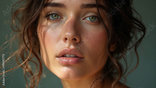 Naturally beautiful woman with no make up, smiling beauty woman with freckles