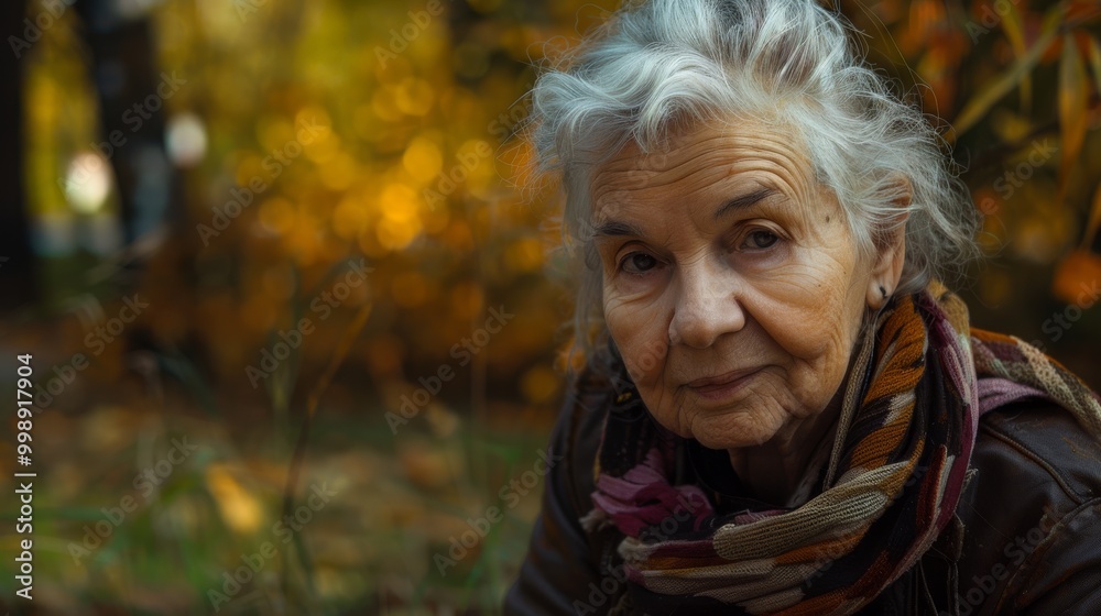 Elderly woman in autumn woods, wearing a warm scarf and a soft smile, surrounded by the golden hues of fallen leaves and foliage. Elderly woman in autumn woods, wearing a warm scarf and a soft smile, surrounded by the golden hues of fallen leaves and foliage.