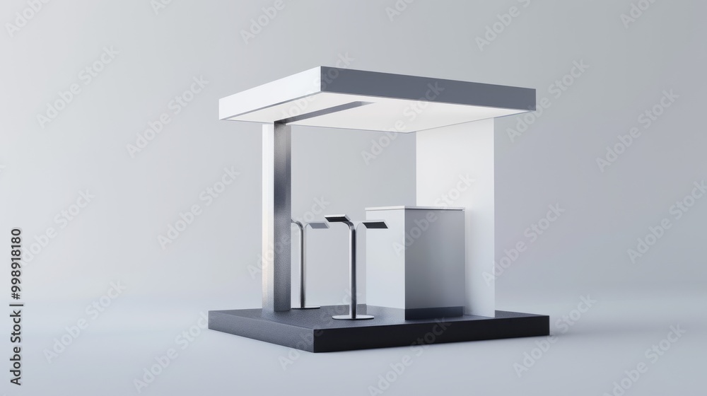 A minimalist kiosk with sleek metal and modern design, standing in an empty, light-gray space, evoking a sense of futuristic simplicity and elegance. A minimalist kiosk with sleek metal and modern design, standing in an empty, light-gray space, evoking a sense of futuristic simplicity and elegance.
