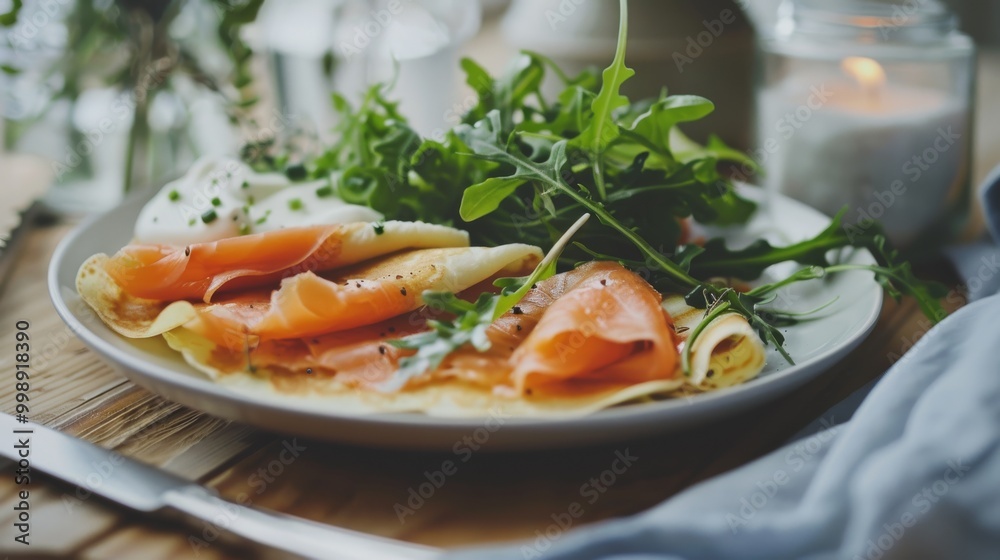 Elegant crepes served with smoked salmon, sour cream, and fresh greens on a well-set table, evoking a refined brunch atmosphere. Elegant crepes served with smoked salmon, sour cream, and fresh greens on a well-set table, evoking a refined brunch atmosphere.