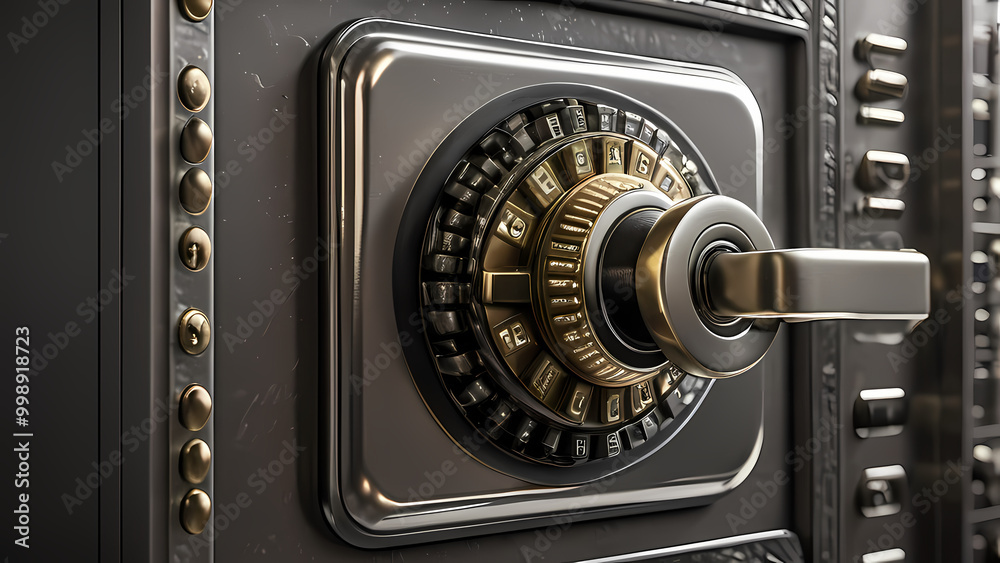 highly detailed close-up image of a money safe, focusing on the intricate design of the lock mechanism, keypad, and metallic surface highly detailed close-up image of a money safe, focusing on the intricate design of the lock mechanism, keypad, and metallic surface