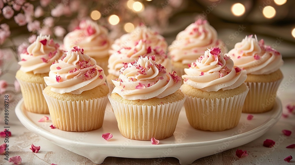 A plate of cupcakes topped with white frosting and pink sprinkles sits atop the table A plate of cupcakes topped with white frosting and pink sprinkles sits atop the table