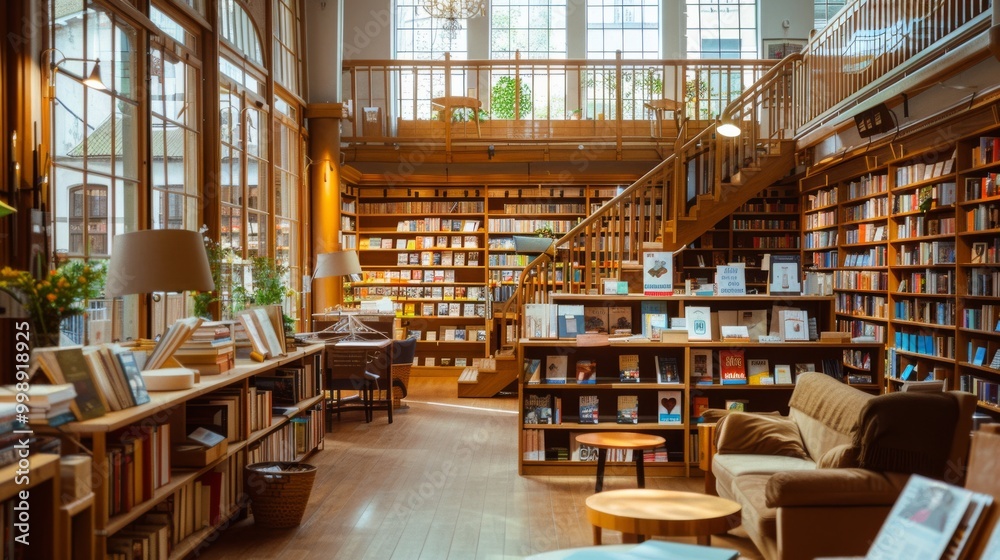 Modern bookstore with a sleek, minimalist design, featuring rows of books, comfortable chairs, and soft ambient lighting, creating a contemporary and inviting atmosphere. Modern bookstore with a sleek, minimalist design, featuring rows of books, comfortable chairs, and soft ambient lighting, creating a contemporary and inviting atmosphere.