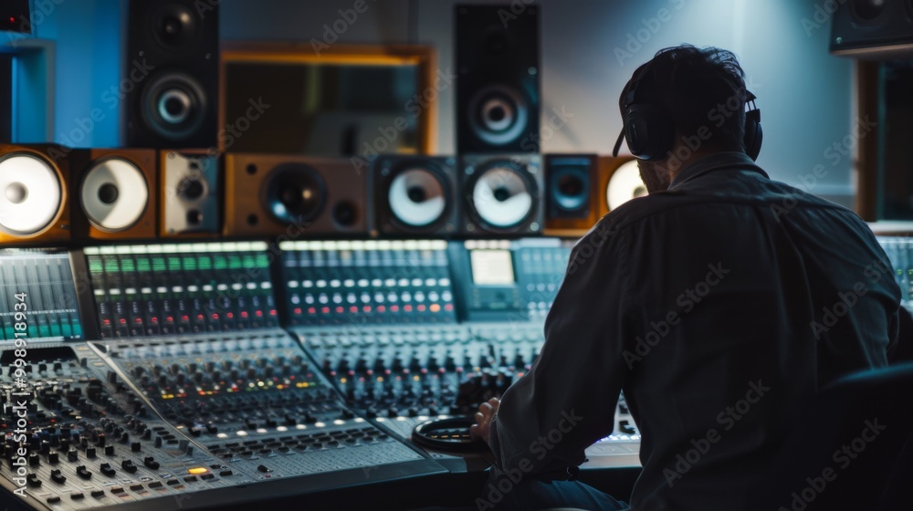 A sound engineer diligently working at a mixing console in a dimly lit recording studio, surrounded by speakers and sound equipment. A sound engineer diligently working at a mixing console in a dimly lit recording studio, surrounded by speakers and sound equipment.