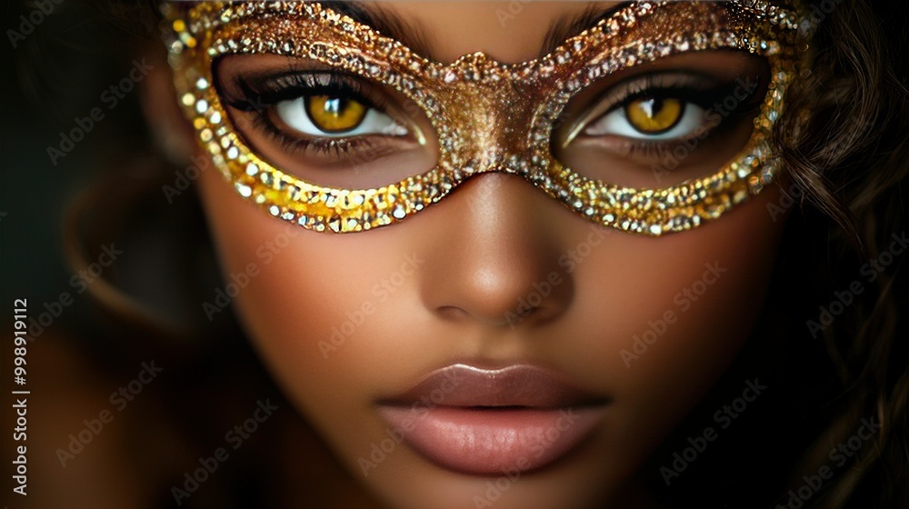 Close-up portrait of a woman with a golden mask and glittery eyelids Close-up portrait of a woman with a golden mask and glittery eyelids